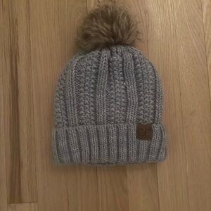 C.C Gray Knit Beanie with Brown Pom-Pom